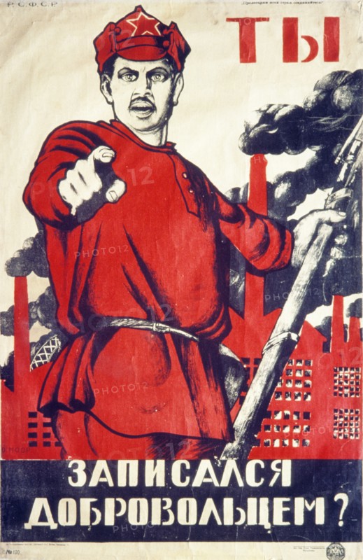 Soviet recruitment poster from the time of the russian revolution, 'you! have you signed up with the volunteers?'.