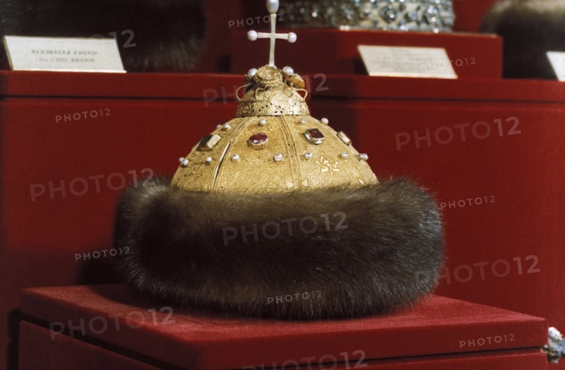 The crown of monomakh (peter the great) at the kremlin armory in moscow, russia.