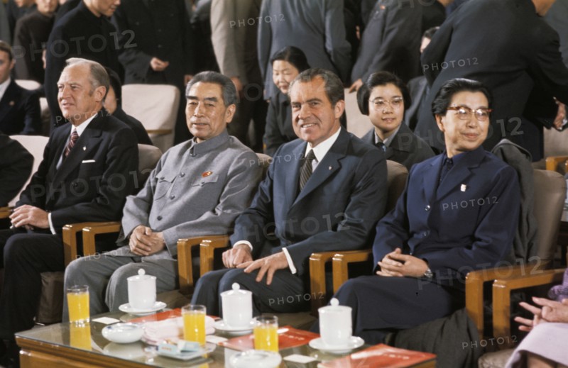American president richard m, nixon sitting with zhou enlai and mme, mao (jiang qing) in beijing, china, 1972.