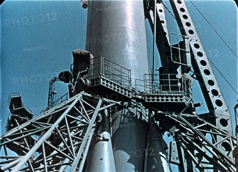 Vostok 1 rocket being prepared for launch, 1961, this is a still from a soviet film of the launch.