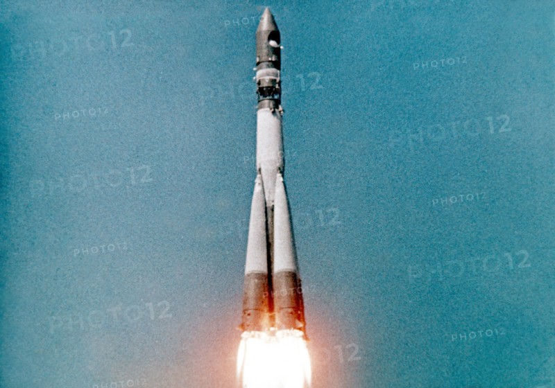 Launch of vostok 1 rocket carrying yuri gagarin, soon to be the first man in space, in 1961, this is a still from a soviet film about the space program.