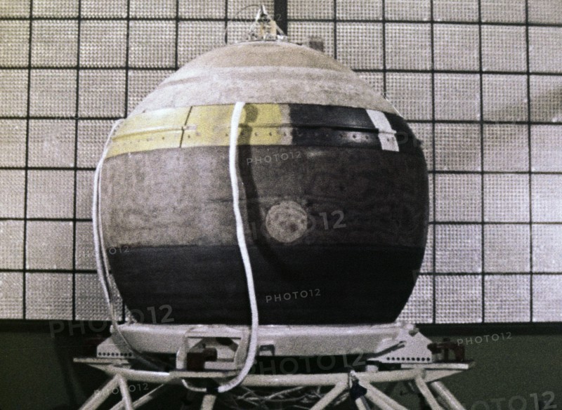 Descent capsule of soviet space probe venera 4 in the last stages of preparation before it's flight, still from a film entitled 'hello venus!'.