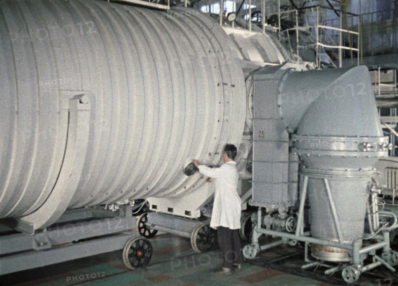 Soviet space probe venera 5 or 6 being tested in a pressure chamber, 1968, this is a still from the film 'the storming of venus', produced by e, kuzis at the tsentrnauchfilm central scientific film studio, released on may 17, 1969.
