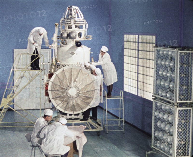 Soviet space probe venera 5 or 6 being prepared for it's launch in january 1969, this is a still from the film 'the storming of venus', produced by e, kuzis at the tsentrnauchfilm central scientific film studio, released on may 17, 1969.