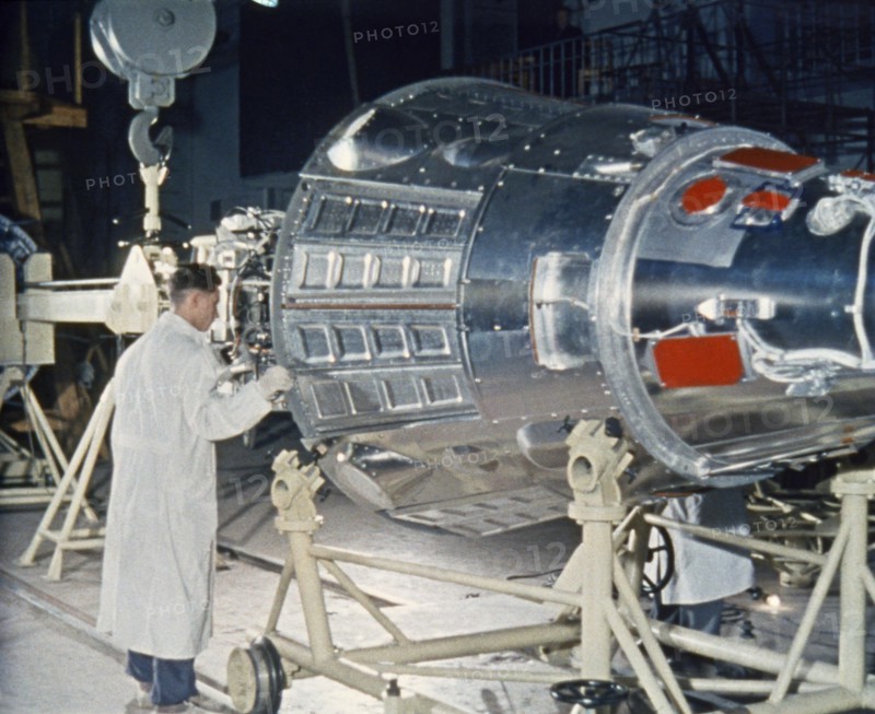 Soviet space probe sputnik 3 in the assembly shop being prepared for it's launch on may 15, 1958.