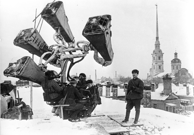 The anti-aircraft lights of a civil defence post in in the besieged leningrad in 1942.