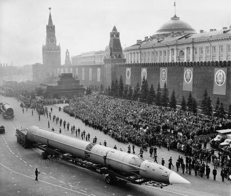 Nato-designated scrag (liquid fueled 3 stage icbm) ballistic missiles during a military parade in red square, moscow, ussr, 1960s.