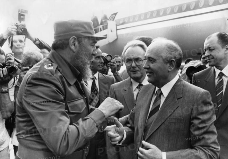 Fidel castro, head of the communist party of cuba (left) meets mikhail gorbachev, general secretary of the cpsu, havana airport, havana, cuba, april 1989.