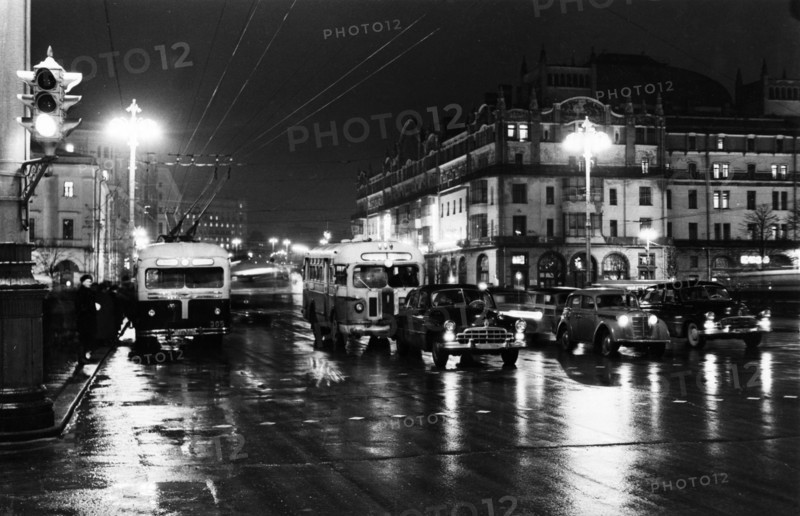 Sverdlov square at night, moscow, ussr, december 1956.