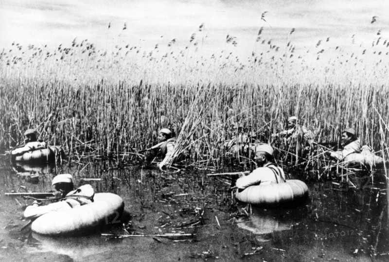 Soviet soldiers in flats of the kuban river in the krasnodar region,1944.
