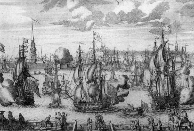 St, petersburg, a print by a, zubov, 1727, the russian navy created by peter the great.