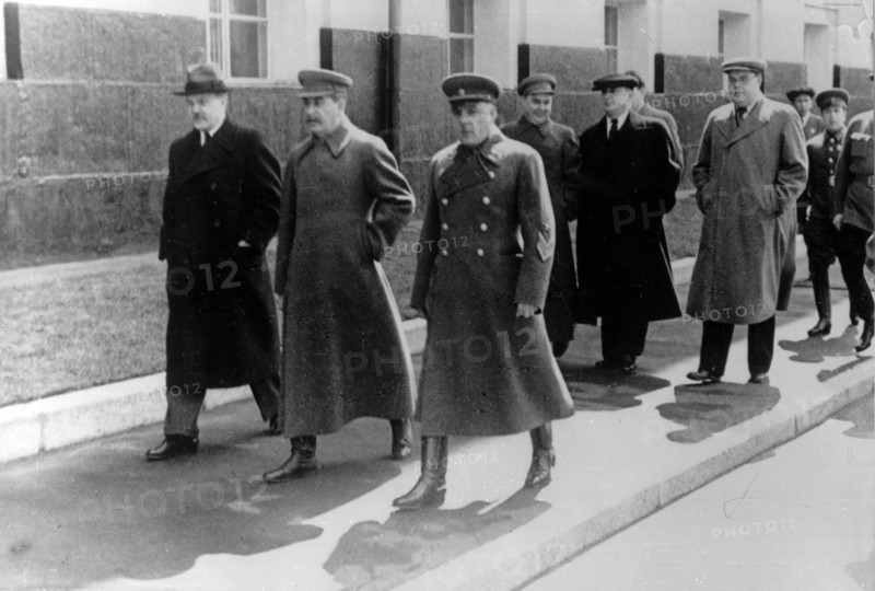 Left to right: v, molotov, josef stalin, k, voroshilov, georgy malenkov, l, beria (in cap) in moscow, ussr may day, 1941.