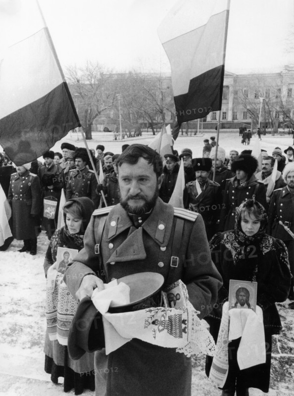 The day of russian cossacks' celebrated in omsk, russia, cossacks gather to pay homage to those who have faithfully served russia, december 1992.