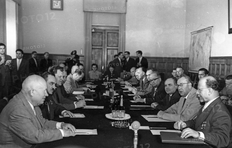 Nikita khrushchev and walter ulbricht at the kremlin during a meeting between the leaders of the ussr communist party and government and the members of the gdr party-government delegation, june 9, 1959.