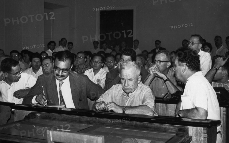 Soviet scientist igor tamm (front row, second from right) at international conference on high energy physics in kiev, ukrainian ssr, 1959.