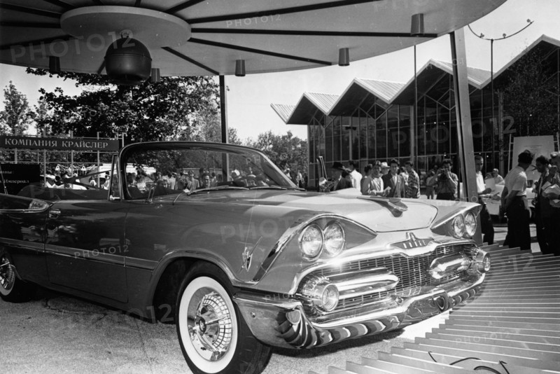 An ameriacan made chrysler automobile on display at the american national exhibition in moscow, ussr, august 1959.