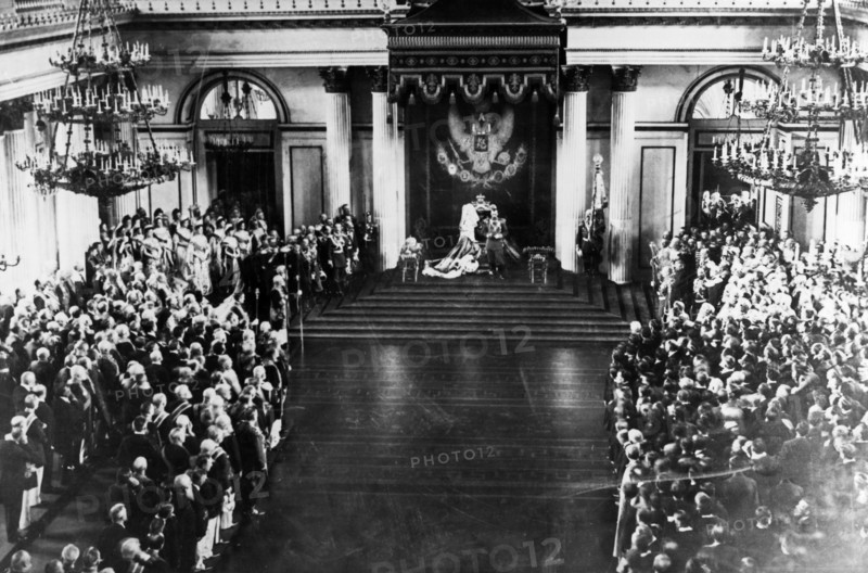 Tsar nicholas ll during the throne speech at the ceremonial opening of the state council and the state duma in the imperial winter palace on april 27,1906.
