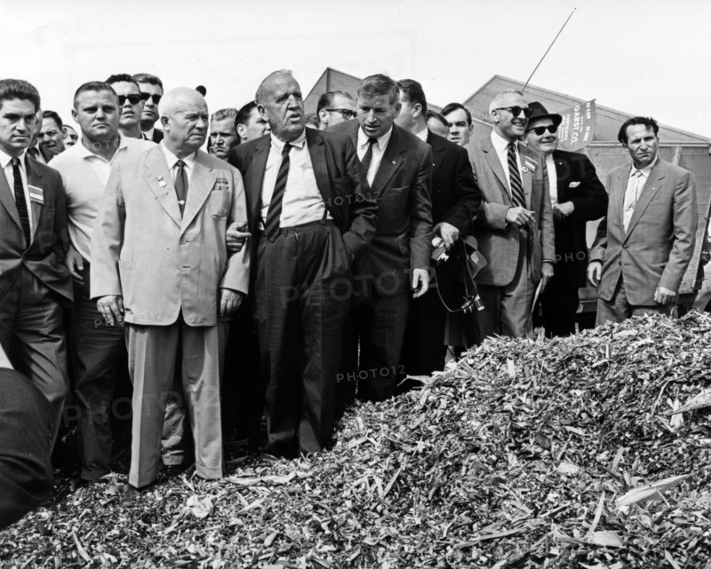Nikita khrushchev, chairman of the ussr council of ministers, visiting the united states at the invitation of president eisenhower in september 1959, this picture was taken during his visit to the farm of r, gurst of iowa.