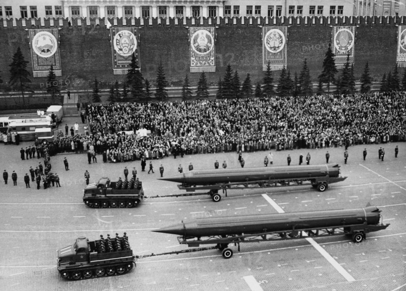 Sandal (ss-4) missiles at a 1961 may day parade in red square, moscow, ussr, the ss-4 is a single-stage, liquid-fuel irbm with a choice of nuclear or conventional warheads and a range of 1,100 miles, first seen in 1961.