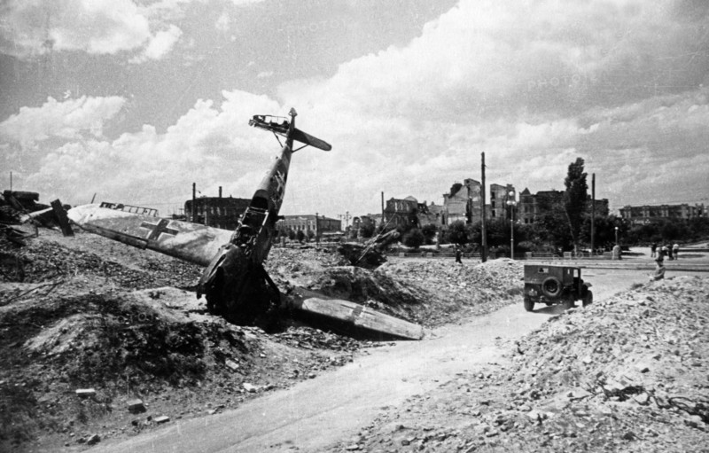 German messerschmitt shot down by soviet planes in stalingrad at the end of world war 2, 1945.