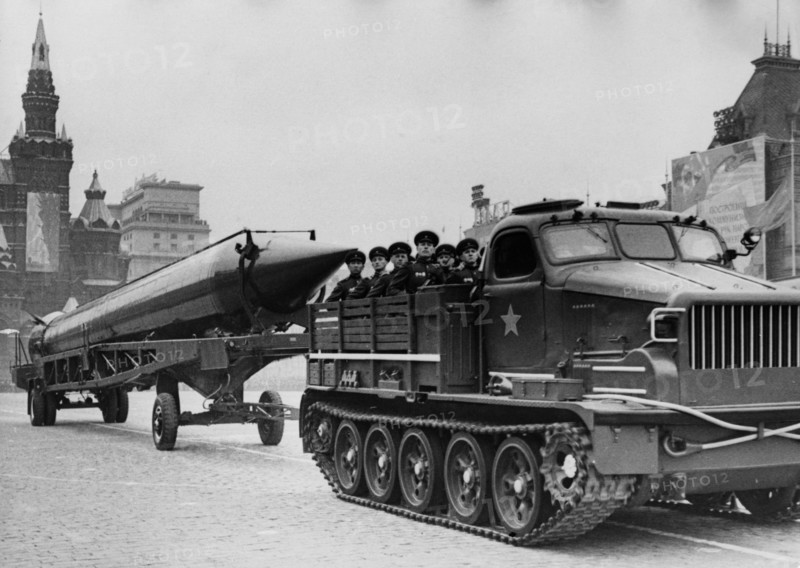 Sandal (ss-4) missiles being pulled by a personnel carrier tractor at a 1962 may day parade in red square, moscow, ussr, the ss-4 is a single-stage, liquid-fuel irbm with a choice of nuclear or conventional warheads and a range of 1,100 miles, first seen in 1961.