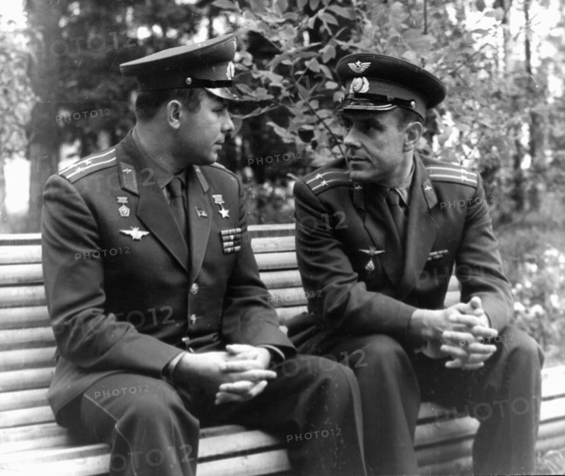 Yuri gagarin and vladimir komarov in the cosmonauts' 'star town', komarov was commander of the soyuz 1 space mission.
