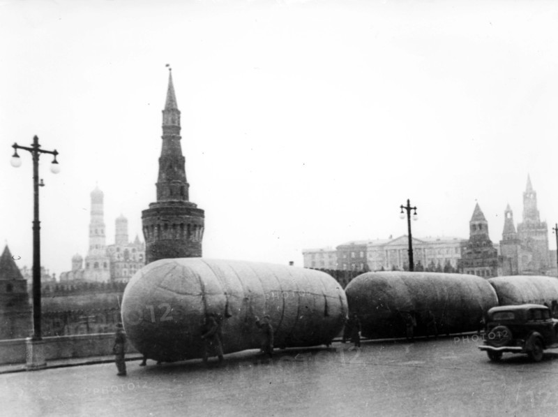 Transportation of anti-aircraft barrage baloons in moscow in october 1941.