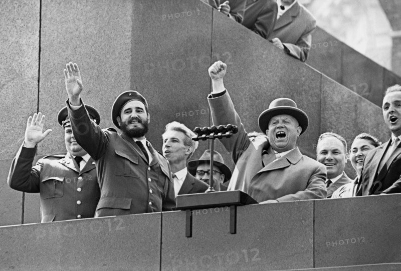 Nikita khrushchev and fidel castro during the reception in red square in moscow, 1961.