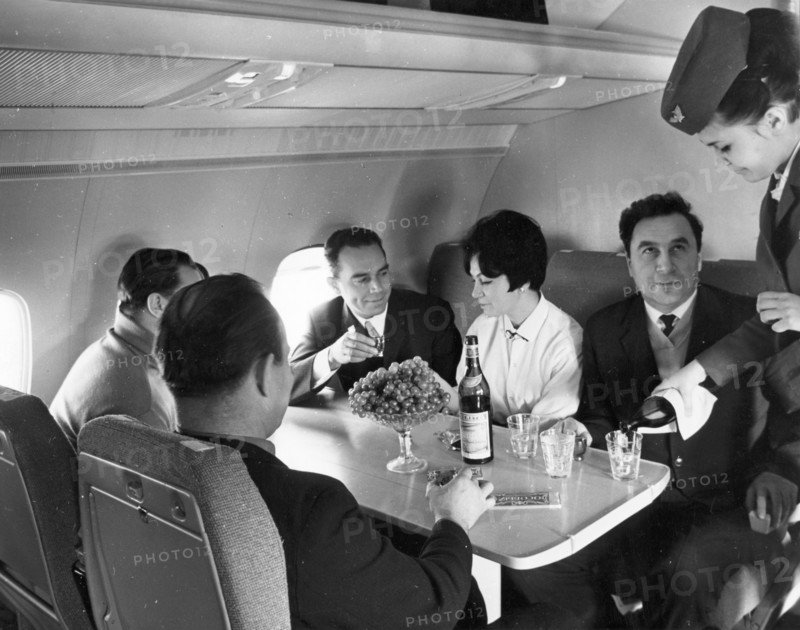 Passengers being served aboard the new tu-154 airliner, november 1968.
