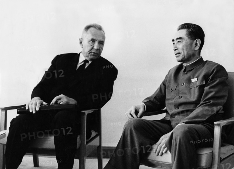 Chairman of the ussr council of ministers a,n, kosygin meeting with the premier of the people's republic of china state council zhou enlai in peking (beijing), china on september 11, 1969, the meeting took place during a stop while on his way back from the democratic republic of vietnam to moscow.