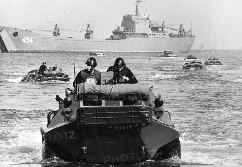 Warsaw pact maneuvers, poland, joint training of ussr, czechoslovakian, gdr, and polish troops, soviet naval infantry landing with btr-60's, october 1969.