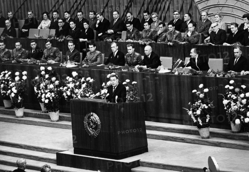 Leonid brezhnev speaking at a meeting in the kremlin palace in honor of all those who participated in the success of the soyuz 6, soyuz 7, and soyuz 8 space missions, october 22, 1969.
