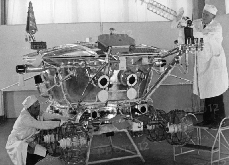 The soviet moon rover, lunokhod 1 in the testing and assembly room being prepared for the luna 17 mission, ussr, 1970.