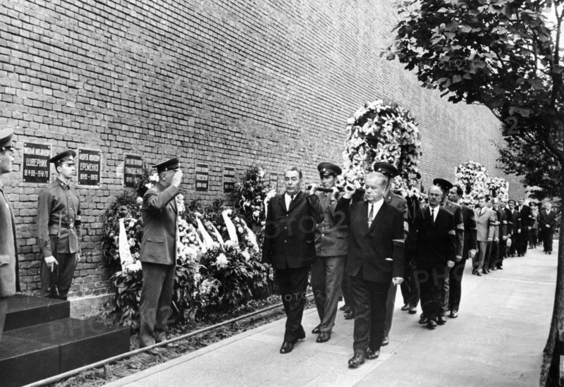 A funeral procession with urns containing the remains of soviet cosmonauts commander georgi dobrovolsky, vladislav volkov, and viktor patsayev being brought to their final resting place by the kremlin wall, they died during the soyuz 11 mission, july 2, 1971, leonid brezhnev is one of the pallbearers (left).