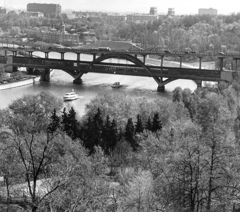 Moscow, ussr, may 1972, view of the moskva river and metro bridge from lenin hills.