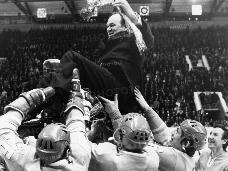 1973 world ice hockey championships, chief coach v, bobrov being hoisted up by the soviet hockey team after winning  the championship game against sweden 6 - 4.