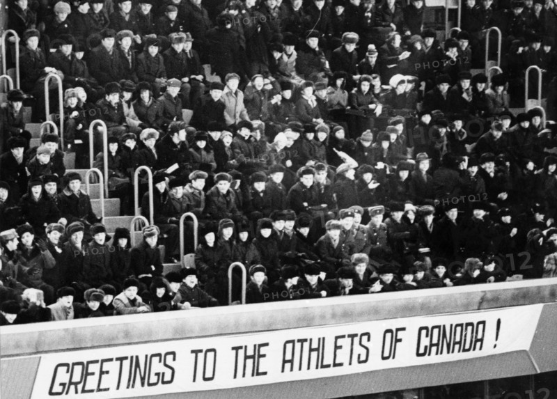 Spectators in skolniki sport hall welcoming the canadian juniors team, march 1974.