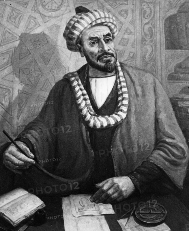 Portrait of mohaded al-khorezmi (al khwarizmi), uzbek mathematician, geographer and astronomer, 780-850 ad, painting by 20th century uzbek artist m, nabiyev, 1982.