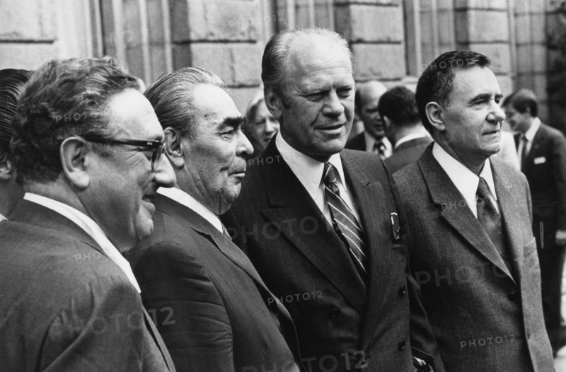 Leonid brezhnev, general secretary of cpsu central committee meeting with u,s, president gerald ford on august 2, 1975, hensinki, finland, far left: henry kissinger, u,s, secretary of state, far right: a,a, gromyko, ussr foreign minister.