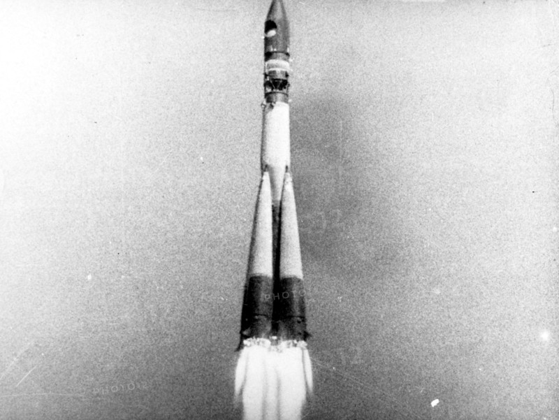 Launch of vostok 1 rocket carrying yuri gagarin, soon to be the first man in space, in 1961, this is a still from a soviet film about the space program.