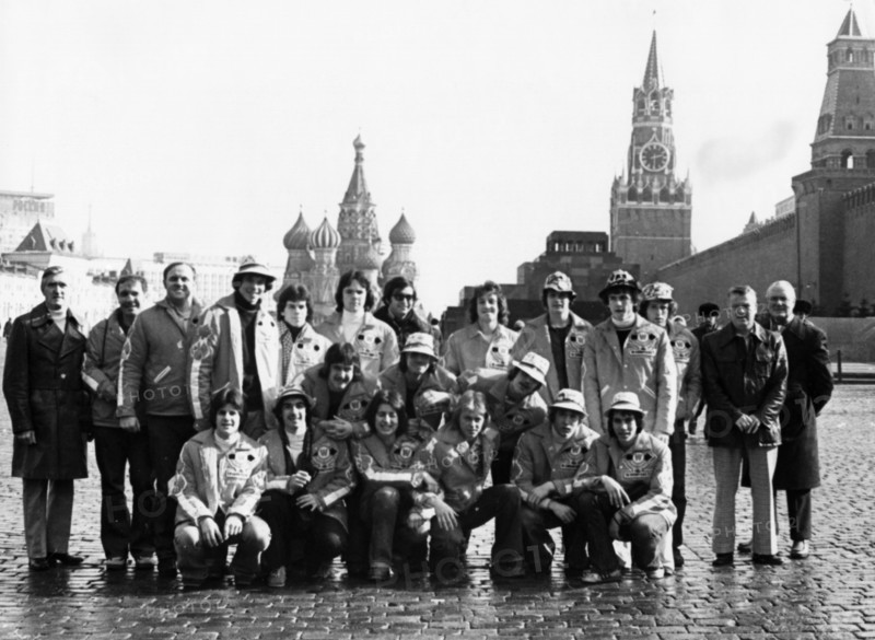 The canadian junior hockey team, don mills flyers, in red square, they arrived in moscow from toronto to take part in several matches with soviet junior teams, 1977.