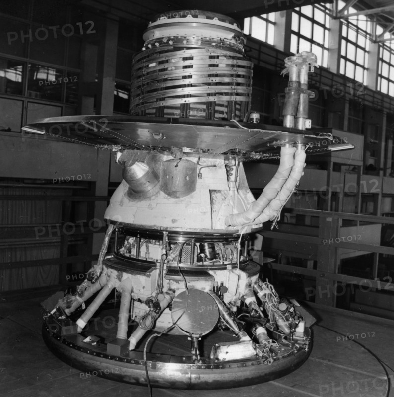 Descent module of soviet venus probes venera 11 and venera 12 in assembly and testing area, ussr, 1978.