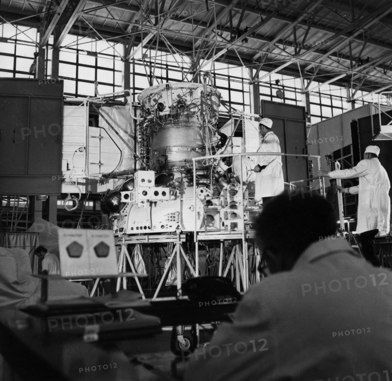 Assembly of the venera 11 and 12 soviet space probes is in progress, 1978.