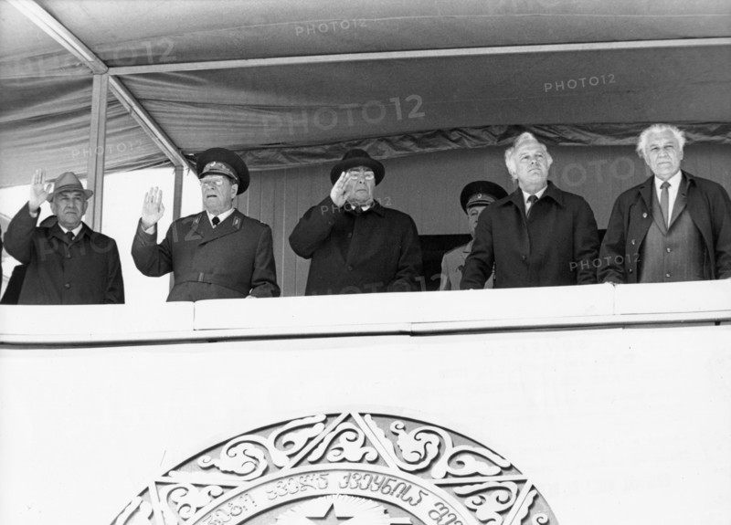 Party and government leaders, including leonid brezhnev and eduard shevardnadze, during a parade and demonstration in honor of the 60th anniversary of the georgian ssr and the communist party of soviet georgia, tbilisi, georgia, may 23, 1981.