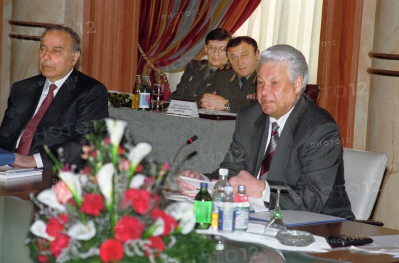 Kazakhstan, the cis summit took place in alma ata, president of russia boris yeltsin and president of azerbaijan gaydar aliyev (l) are pictured at the meeting, 1995.