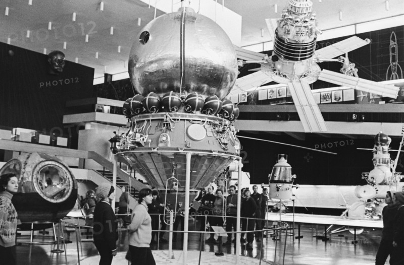 Kaluga, the picture shows visitors in the rocket hall of the state museum of cosmonautics' history.