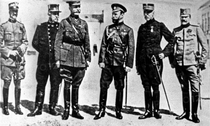 Russian czar nicholas ll with representatives of allied armies, 1915, moscow, russia.