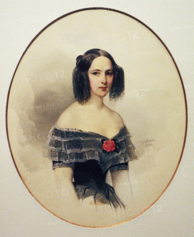 Watercolor portrait of natalya pushkina, wife of russian poet alexander pushkin by v, gau, 1844.