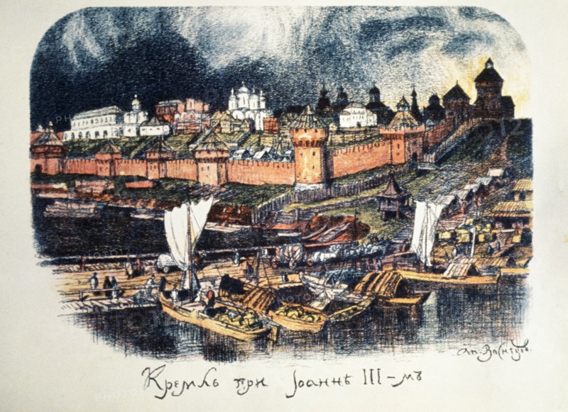 Drawing of 16th century moscow during the reign of ivan lli (ivan the great) by apolinary vasnetsov (1856 - 1933).