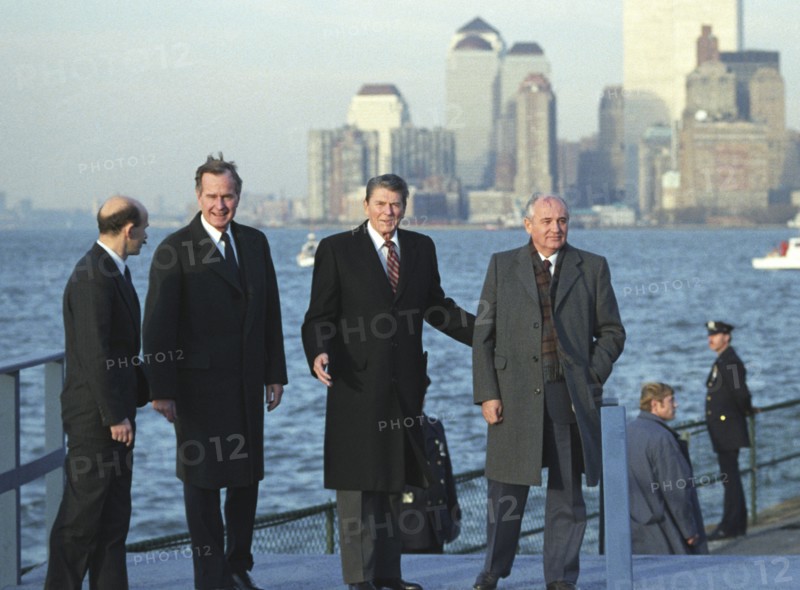 Mikhail gorbachev with ronald reagan and george bush in new york city during his visit to the usa in 1987.